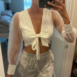 Sheer sleeve tie front crop